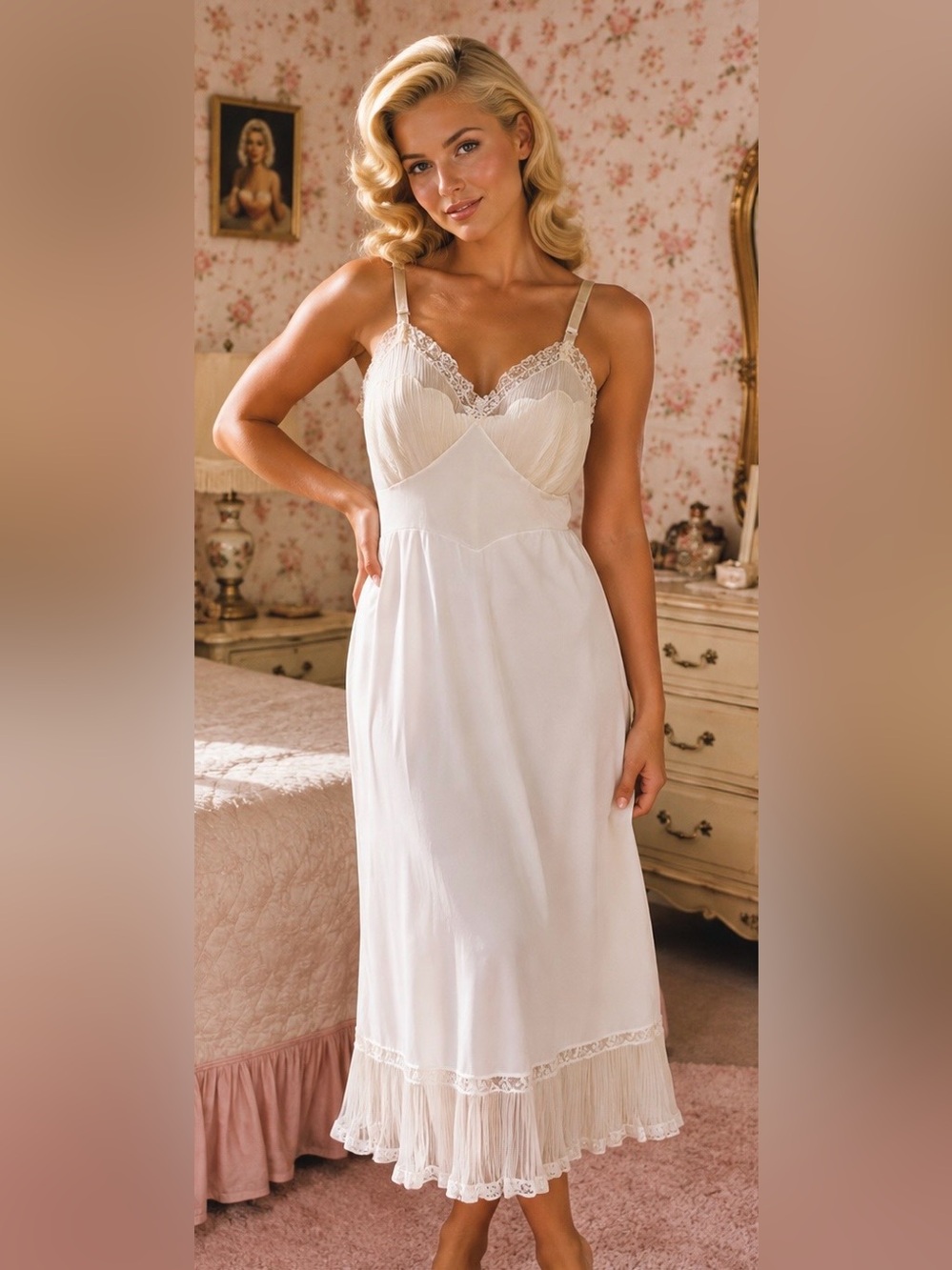 VTG 50s Shadowline Ivory Lace Hem Midi Slip Nightgown 32 XS S Coquette Fairy